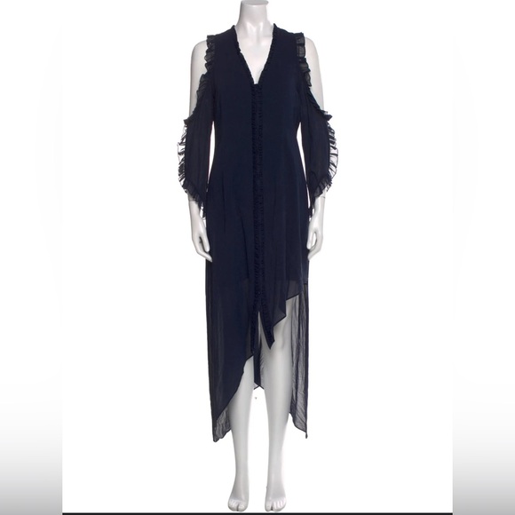 Alice+Olivia Claudie V Neck Cold Shoulder Chiffon Navy Maxi Dress Ruffled Size 6